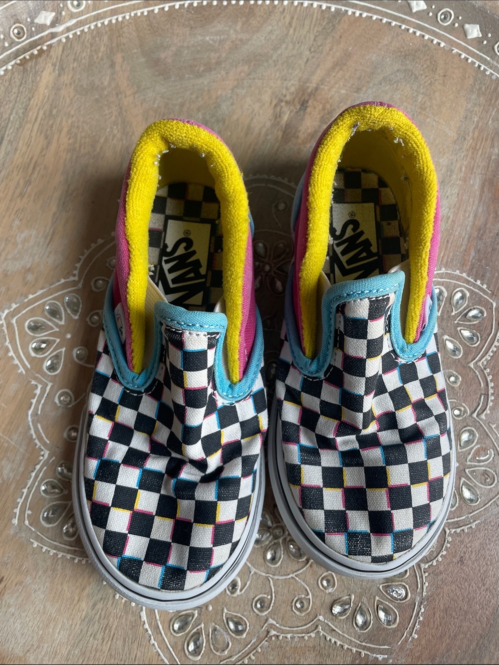 Vans Kids Checkerboard Slip-On Sneakers - Black, White, Yellow & Pink Sz 9C